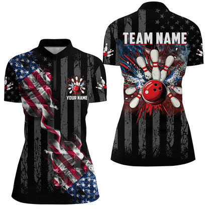 Black American flag smoke Women Bowling Polo, Quarter Zip shirt Custom Patriotic Team Bowling Jersey NQS7689