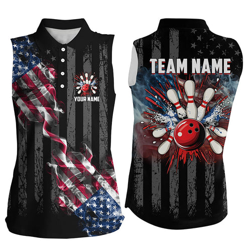 Black American flag smoke Women Bowling sleeveless polo shirts Custom Patriotic Team Bowling Jerseys NQS7689