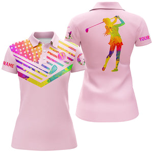 Womens golf polo shirt watercolor American flag custom name patriotic light pink golf shirt NQS3532