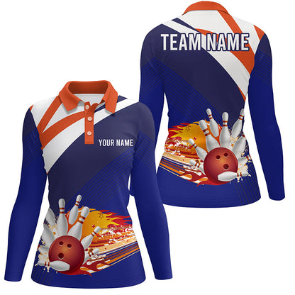 Blue orange personalized bowling shirt for women – custom name design side view