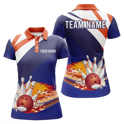 Custom Blue orange bowling shirt for women – personalized team jersey front view