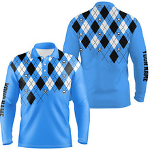 Load image into Gallery viewer, Mens golf polo shirt plus size blue argyle plaid golf skull pattern custom name mens blue golf tops NQS6018