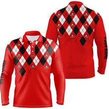 Load image into Gallery viewer, Mens golf polo shirt plus size red argyle plaid golf skull pattern custom name mens red golf tops NQS6019