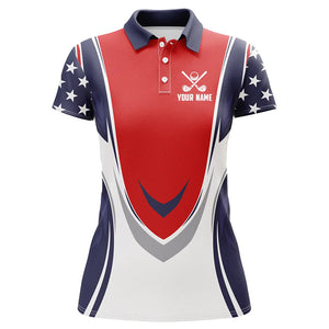 Red, white and blue American Flag matching team golf shirts custom patriotic golf attire for couples NQS8361