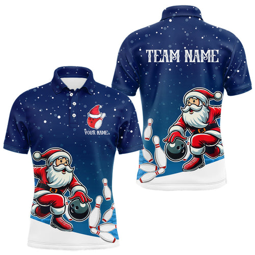 Christmas Santa Bowling Polo, Quarter Zip Shirts For Men Custom Christmas Bowling Team Jerseys | Blue NQS9054