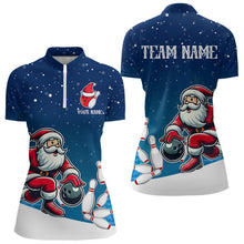 Load image into Gallery viewer, Christmas Santa Bowling Polo, Quarter Zip Shirt For Women Custom Christmas Bowling Team Jersey | Blue NQS9054