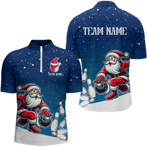 Christmas Santa Bowling Polo, Quarter Zip Shirts For Men Custom Christmas Bowling Team Jerseys | Blue NQS9054