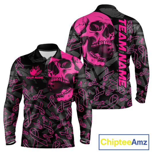 Black Skull camo pink ribbons pattern breast cancer bowling shirt for men custom bowling team jerseys NQS11549