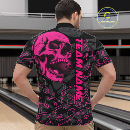 Black Skull camo pink ribbons pattern breast cancer bowling shirt for men custom bowling team jerseys NQS11549