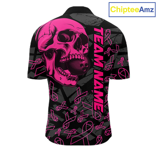Black Skull camo pink ribbons pattern breast cancer bowling shirt for men custom bowling team jerseys NQS11549