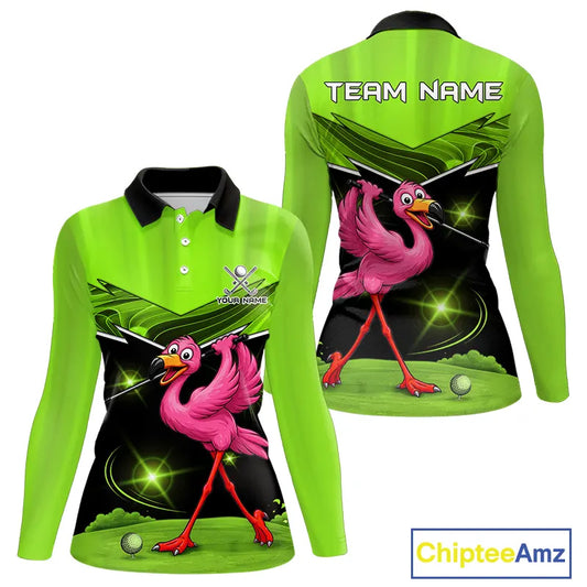 Funny Flamingo Green Women Golf Polo Shirts Custom Flamingo Team ladies golf tops, funny golf gifts NQS11675