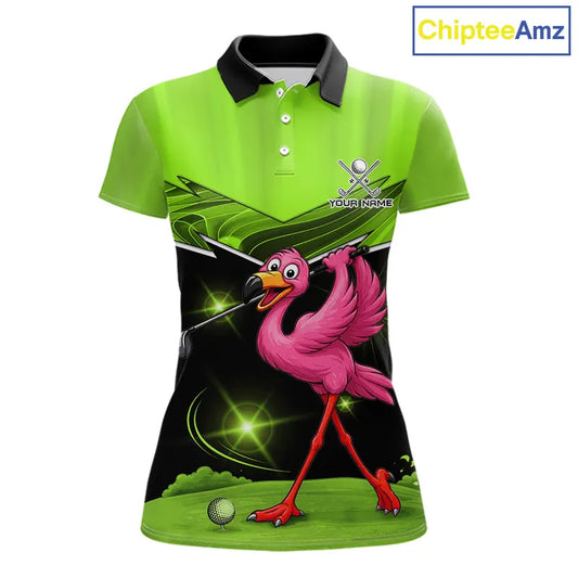 Funny Flamingo Green Women Golf Polo Shirts Custom Flamingo Team ladies golf tops, funny golf gifts NQS11675