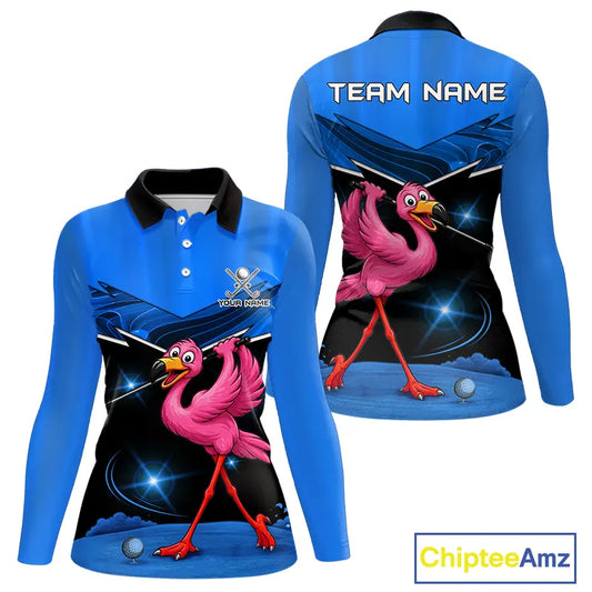 Funny Flamingo Blue Women Golf Polo Shirts Custom Flamingo Team ladies golf tops, funny golf gifts NQS11676