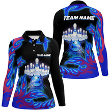Load image into Gallery viewer, Personalized Blue Flame Bowling Team Jerseys, Womens bowling polo shirts Bowling League, bowling gifts NQS7371