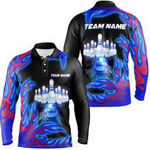 Load image into Gallery viewer, Personalized Blue Flame Bowling Team Jerseys, Mens polo bowling shirts Bowling League NQS7371