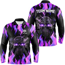 Load image into Gallery viewer, Purple Flame Skull Bowling Polo, 1/4 Zip Shirts For Men Custom Team Bowling Jerseys Halloween Outfits NQS8368