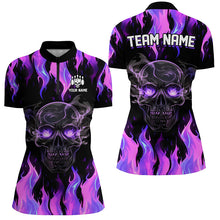 Load image into Gallery viewer, Purple Flame Skull Bowling Polo, 1/4 Zip Shirts For Women Custom Team Bowling Jersey Halloween Outfits NQS8368