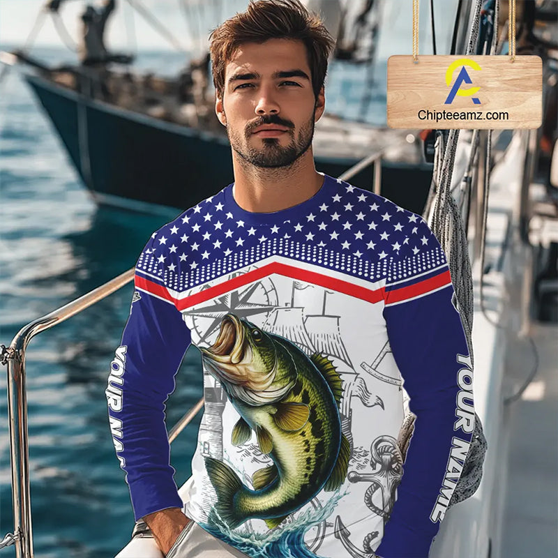 American Flag Largemouth Bass Fishing Custom Bass Long Sleeve Fishing Shirts, Bass Team Jerseys NQS11346