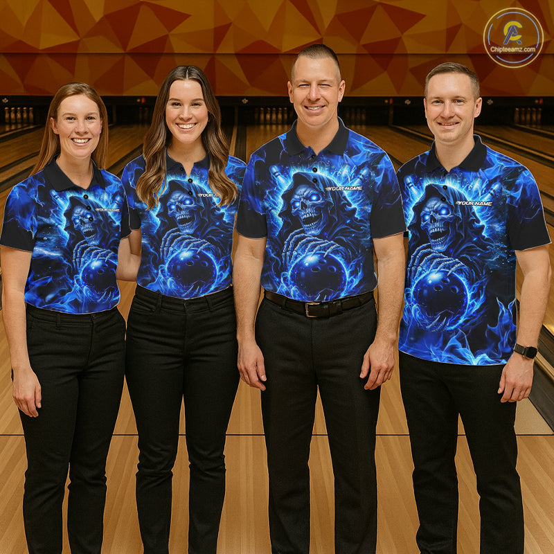 Blue Flame Skull Bowling Polo, 1/4 Zip Shirts For Women Custom Bowling Reaper Team Bowling jersey NQS11348