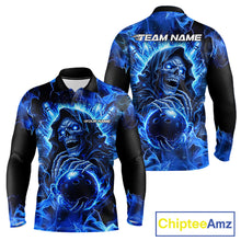 Load image into Gallery viewer, Blue Flame Skull Bowling Polo, 1/4 Zip Shirts For Men Custom Bowling Reaper Team Bowling jersey NQS11348