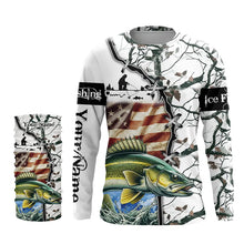 Load image into Gallery viewer, Walleye ice fishing snow camo American Flag Custom Fishing Shirts, Personalized Gifts for Fisherman NQS2901