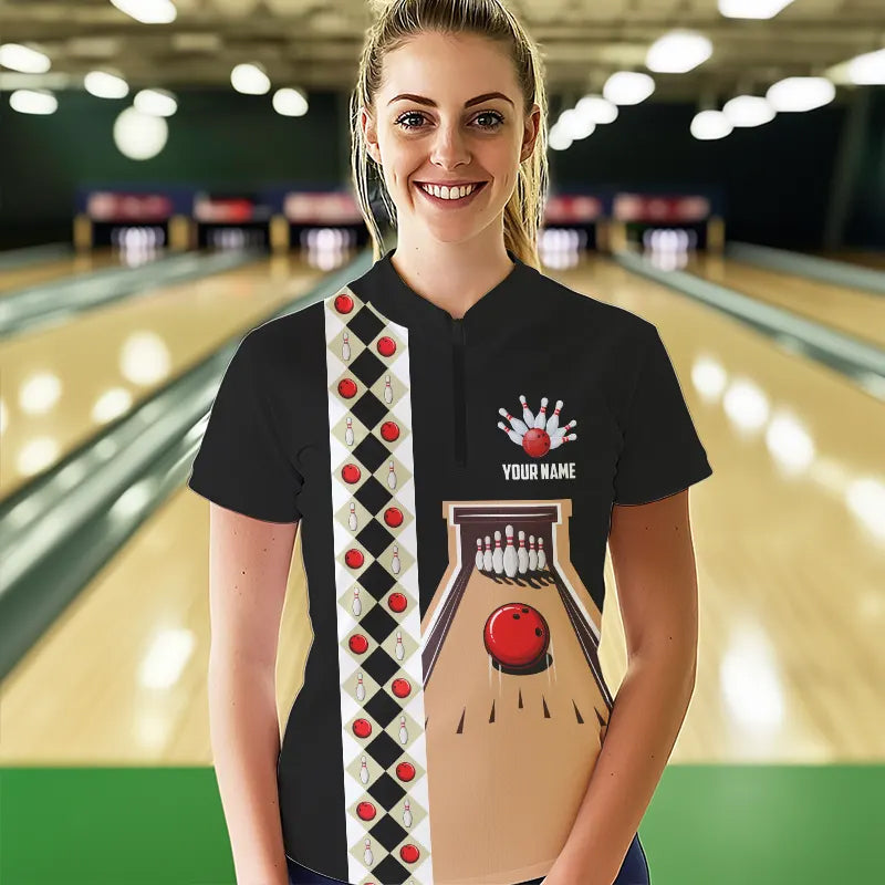 Personalized Red, white and black Retro bowling Polo, Quarter Zip shirt for women, Bowling Team Jersey NQS9460
