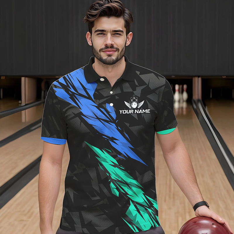 Personalized Black, Blue and Turquoise Camo Bowling Shirt For Men Custom Team Name Bowling Jerseys NQS9786