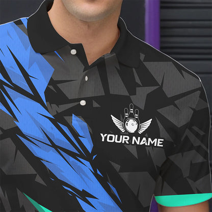 Personalized Black, Blue and Turquoise Camo Bowling Shirt For Men Custom Team Name Bowling Jerseys NQS9786