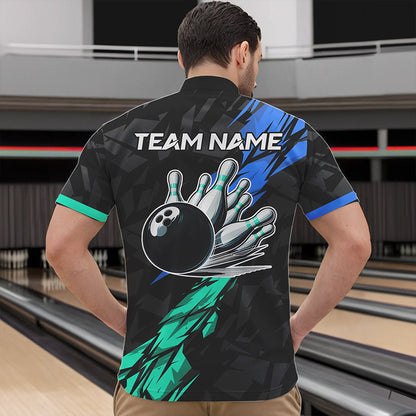 Personalized Black, Blue and Turquoise Camo Bowling Shirt For Men Custom Team Name Bowling Jerseys NQS9786