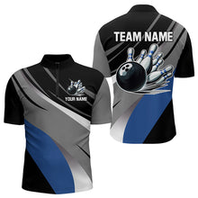 Load image into Gallery viewer, Personalized Black, Gray and Blue Bowling Shirts For Men, Bowling Balls And Pins Bowling Team Shirts NQS9784