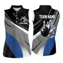 Load image into Gallery viewer, Personalized Black, Gray and Blue Women Sleeveless Polo Shirt Bowling Ball And Pins Bowling Team Shirt NQS9784