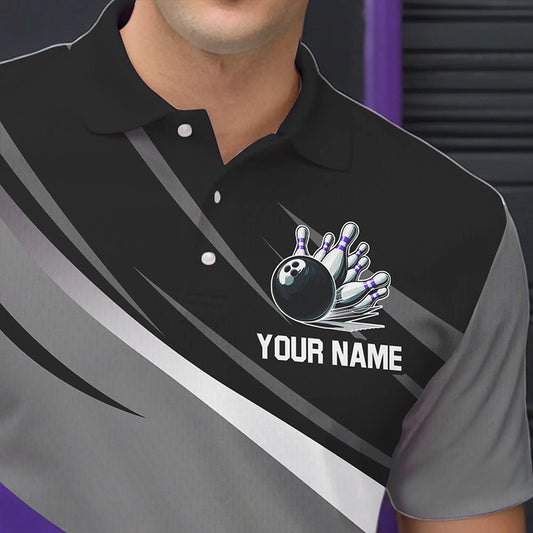 Personalized Black, Gray and Purple Bowling Shirts For Men, Bowling Balls And Pins Bowling Team Shirts NQS9785