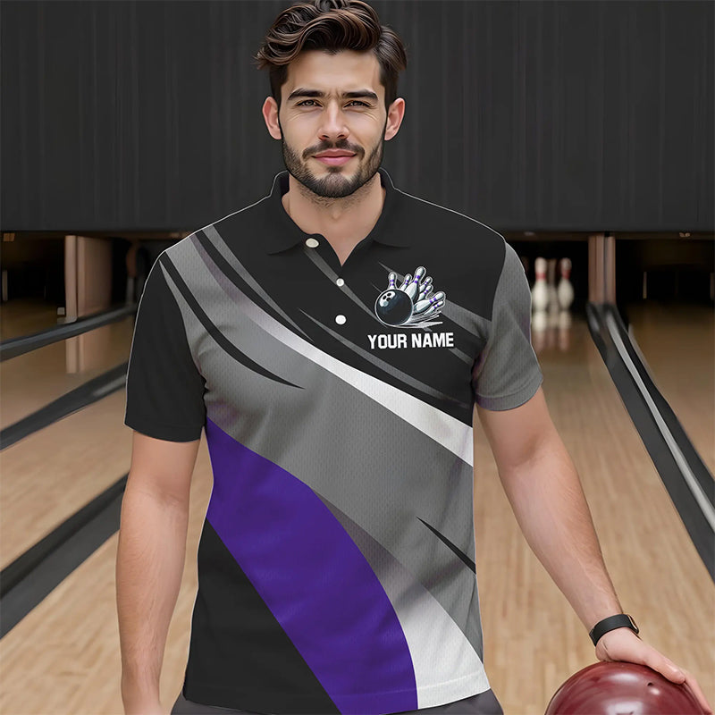 Personalized Black, Gray and Purple Bowling Shirts For Men, Bowling Balls And Pins Bowling Team Shirts NQS9785