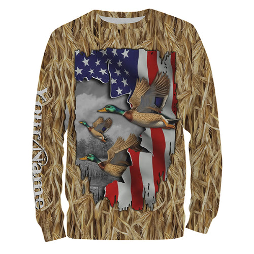 Duck hunting Camo American Flag patriotic Customize Name 3D All Over Printed Shirts NQS659