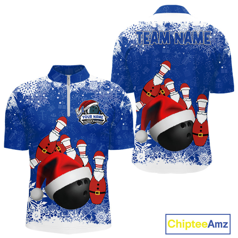 Mens bowling shirts Custom Funny Christmas snowflake Santa Bowling Ball pins Team Jersey | Blue NQS11142