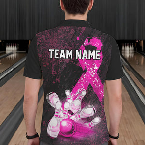 Personalized Pink Ribbons Grunge Bowling Shirts For Men, Custom breast cancer bowling Team shirts NQS9613