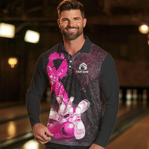 Personalized Pink Ribbons Grunge Bowling Shirts For Men, Custom breast cancer bowling Team shirts NQS9613