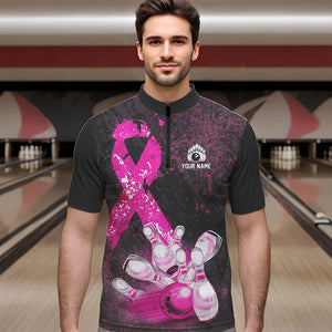 Personalized Pink Ribbons Grunge Bowling Shirts For Men, Custom breast cancer bowling Team shirts NQS9613