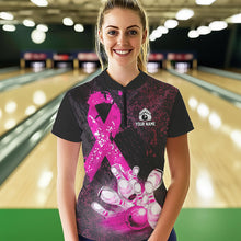 Load image into Gallery viewer, Personalized Pink Ribbons Grunge Bowling Shirts For Women, Custom breast cancer bowling Team shirts NQS9613