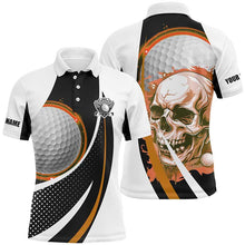Load image into Gallery viewer, Black and white Golf Skull Mens golf polo shirt custom golf attire for men, gifts for golfer | Orange NQS7951