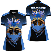 Load image into Gallery viewer, Bowling Beer Black and Blue Bowling Polo, 1/4 Quarter zip shirts Custom Women Team Bowling jerseys NQS8159