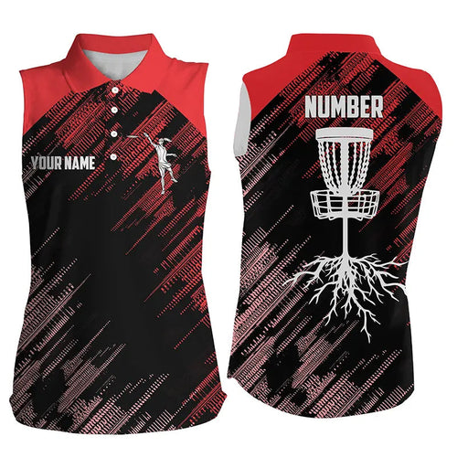 Red Disc golf basket camo custom name, number Women sleeveless disc golf polo shirts, disc golf outfit NQS9066