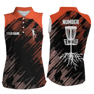 Orange Disc golf basket camo custom name, number Women sleeveless disc golf polo shirts outfit NQS9067