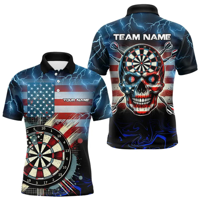 American Flag Skull Dart Board Blue lightning Custom Team Dart Polo, Quarter Zip Shirt For Men NQS9302