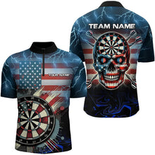 Load image into Gallery viewer, American Flag Skull Dart Board Blue lightning Custom Team Dart Polo, Quarter Zip Shirt For Men NQS9302