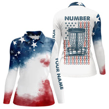Load image into Gallery viewer, Watercolor American Flag Women Disc golf polo shirts custom name &amp; number patriotic disc golf jersey NQS9306