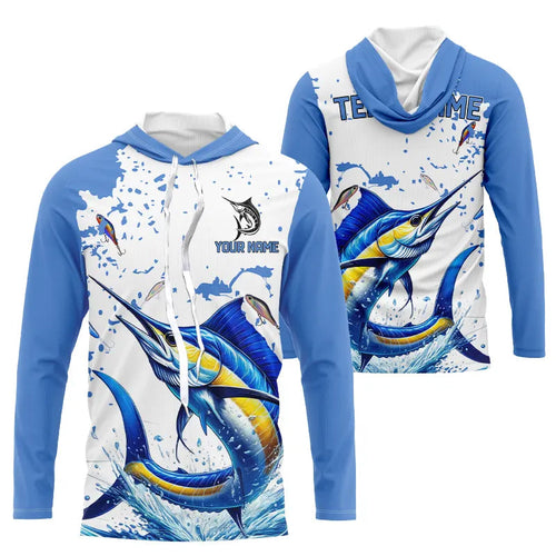 Personalized Blue and white Marlin Fishing Shirts Custom Marlin Long Sleeve Fishing Team Jerseys NQS9308