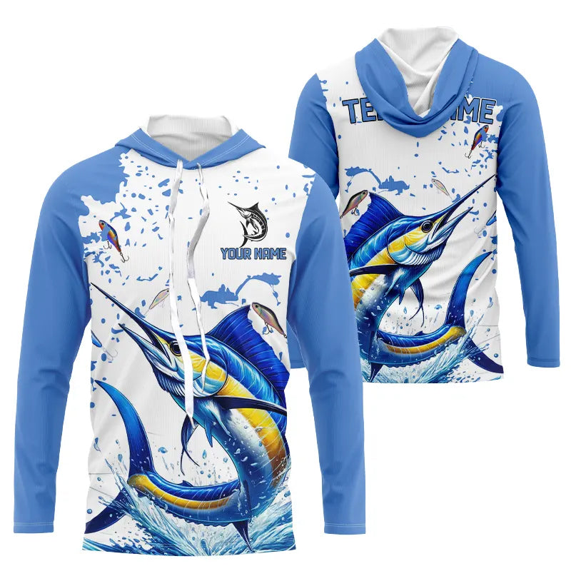 Personalized Blue and white Marlin Fishing Shirts Custom Marlin Long Sleeve Fishing Team Jerseys NQS9308
