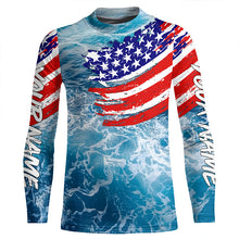Load image into Gallery viewer, Blue ocean sea wave camo fishing American flag Custom patriot long sleeve fishing tournament shirts NQS7389