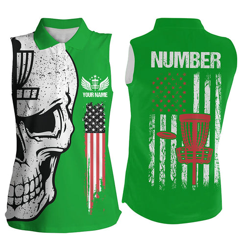 Green American flag Womens sleeveless disc golf polo shirts custom patriotic disc golf skull apparel NQS7571